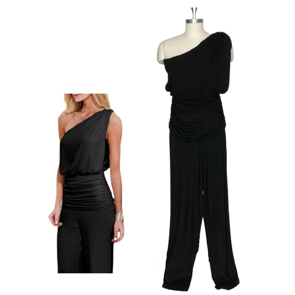VENUS Black One Shoulder Jumpsuit with Chain on Shoulder Detail Size Small